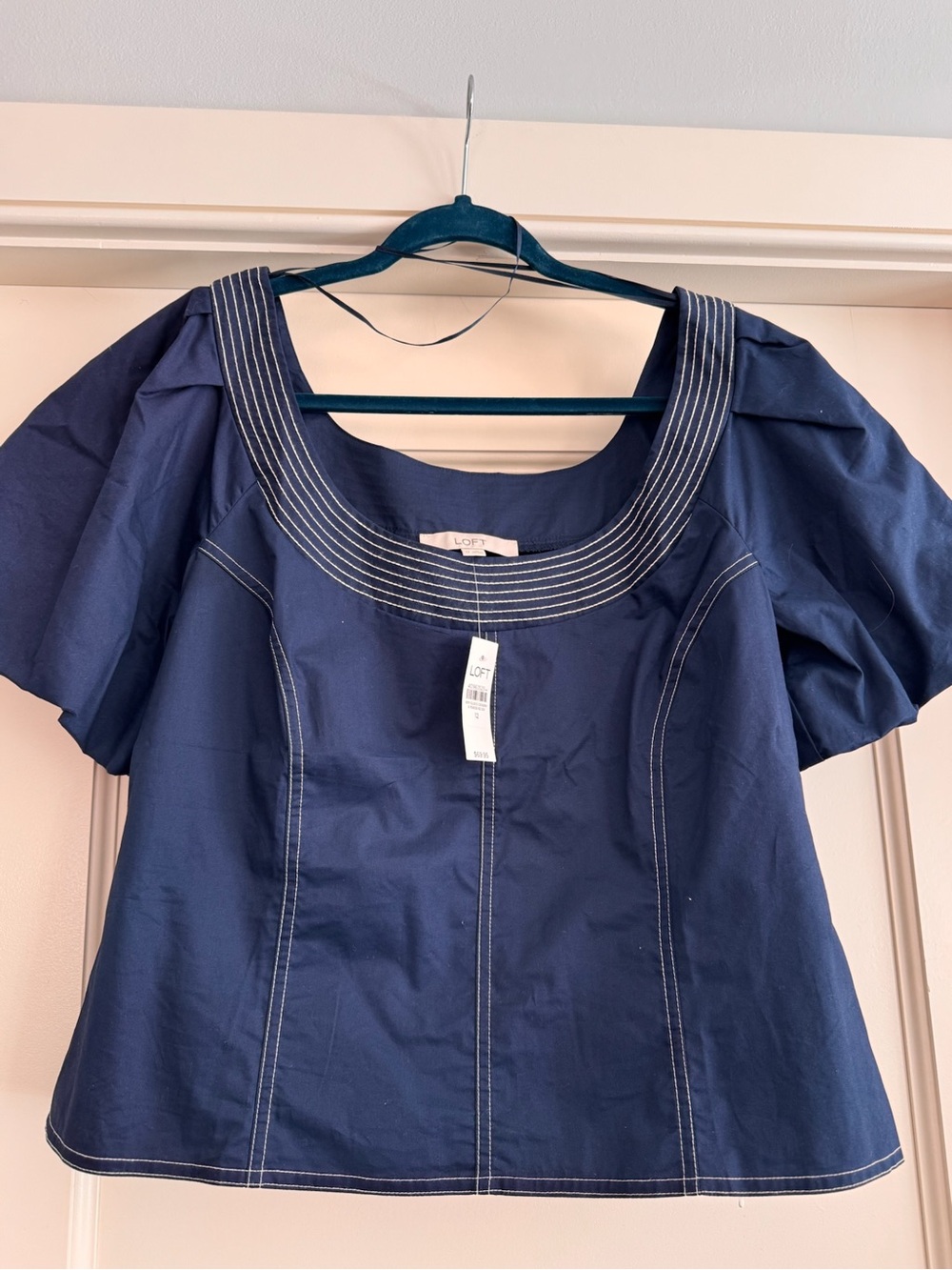 LOFT Navy Square Neck Short Sleeve Blouse with White Topstitching